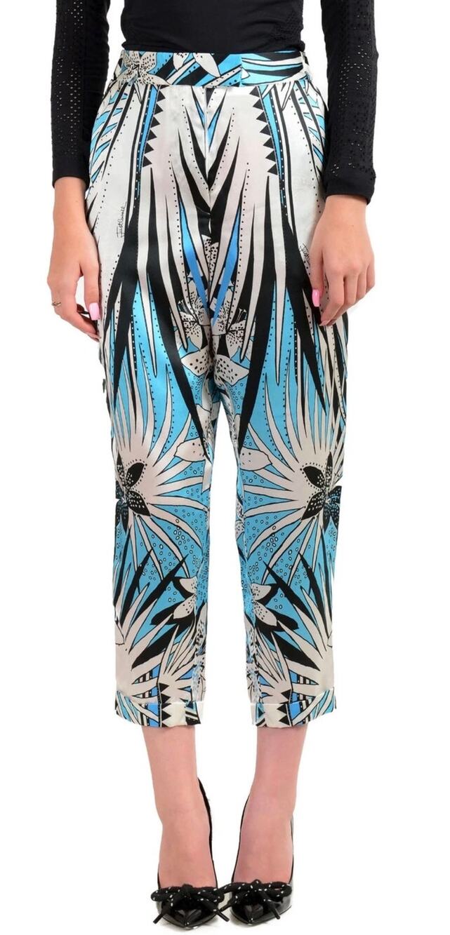 Just Cavalli Blue & White Floral Print Silk Trousers NWT size 40 IT 6 US